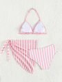 3pcs/Set Cute Striped Bikini Swimwear Set For Tween Girls