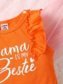 3pcs/Set Baby Girls' Summer Cute Casual Sleeveless Round Collar Frilled Hem Letter Print Bodysuit With Orange Pattern Shorts And Headband Outfits