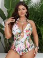 SHEIN Swim Vcay Plus Size Tropical Printed Halter One-Piece Swimsuit