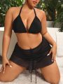 SHEIN Swim Basics Plus Size Women's Halterneck Ruched Bathing Suit 3pc Set