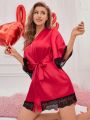 Lace Decorated Belted Satin Robe