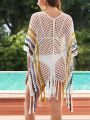 SHEIN Swim BohoFeel Women'S Contrast Hollow Batwing Sleeve Fringed Hem Cover Up