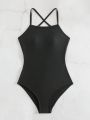 SHEIN Swim Basics Women'S Back Cross Straps One-Piece Swimsuit