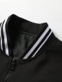 Men Letter Graphic Striped Trim Drop Shoulder Bomber Jacket Without Hoodie