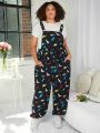 SHEIN CURVE+ Plus Size Dinosaur Print Suspender Pants With Slanted Pocket