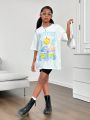 SHEIN Kids Cooltwn Tween Girls' Fashionable Sports Knit Letter Printed Round Neck Short Sleeve T-Shirt