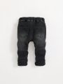 SHEIN Baby Boys' Elastic Waistband Comfortable High Stretch Slim-Fit Contrast Color Soft Washed Denim Pants