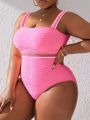 SHEIN Swim Vcay Plus Size Striped Texture Embellished One-Piece Swimsuit