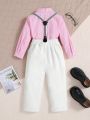 SHEIN Kids FANZEY Toddler Boys' Bow Tie Striped Shirt And Suspender Pants Set