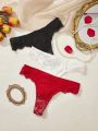 Valentine's Day Solid Color Lace Thong Panties 3pcs/Set