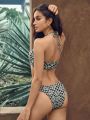 SHEIN Leisure Plaid Print Ring Linked Halter Bikini Swimsuit