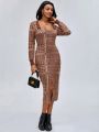 ELPIDA Plaid Pattern Split Front Bodycon Sweater Dress