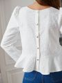 SHEIN Frenchy Embossed Texture Fabric Puff Sleeve Blouse, With Waist Ruffles And Back Bottons