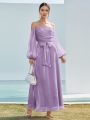 SHEIN Off Shoulder Lantern Sleeve Belted Organza Dress