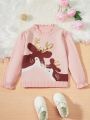 SHEIN Kids QTFun Young Girl Deer Pattern Sequin Detail Frill Trim Sweater