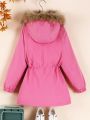 SHEIN Kids EVRYDAY Tween Girl 1pc Fuzzy Trim Hooded Thermal Lined Drawstring Waist Coat