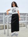 Teen Girls' Stand Collar Portrait Print T-Shirt And Split Hem Skirt With Pockets Set