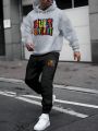 Men's Letter Print Drawstring Hooded Fleece Sweatshirt And Sweatpants Two-piece Set