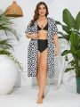 SHEIN Swim BohoFeel Plus Size 1pc Full-Printed Kimono Dress With Knot Waist Design