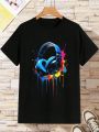 SHEIN Tween Boys' Short Sleeve T-Shirt With Printed Earphone Design