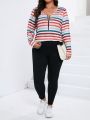 SHEIN LUNE Plus Striped Print Half Zip Tee