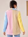 SHEIN Qutie Color Block Lapel Neck Open Front Teddy Coat