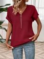 Zipper Half Placket Batwing Short Sleeve Blouse