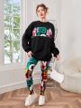 Teen Girls' Letter & Number Print Sweatshirt And Leggings 2pcs Set