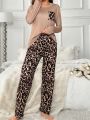 Women'S Leopard Print Long Sleeve T-Shirt And Long Pants Pajama Set