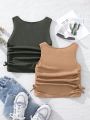 SHEIN Kids Cooltwn Tween Girls' Street Style Knitted Solid Color Pleated Tank Top With Side Stripe Detail, Multiple Pieces