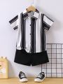 SHEIN Toddler Boys' Striped Short Sleeve Shirt And Shorts Set