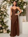 SHEIN Belle Draped Collar Crisscross Backless Satin Bridesmaid Dress