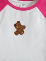 SHEIN Kids QTFun Knitted Short Sleeve T-Shirt For Tween Girls With Teddy Bear Applique And Color Block Design