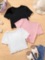 SHEIN Kids EVRYDAY 3pcs/Set Tween Girl Knitted Solid Color Pleated Short Casual T-Shirt