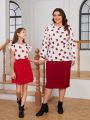 SHEIN LUNE Women'S Plus Size Heart Printed Drop Shoulder T-Shirt And Skirt Set