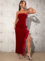 SHEIN Tall Women's 3d Flower Strapless Dress With Ruffle Hem And High Slit
