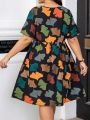 Plus Size Gingko Leaf Printed Dress