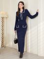 SHEIN Modely Patchwork Edge Elegant Long Sweater Dress