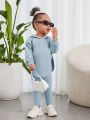 SHEIN Baby Girl Leisure Solid Color Hooded Long Sleeve Top & Skinny Pants Set With Embossed Letters