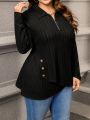 SHEIN LUNE Plus Size Women's Zipper Half-Placket Ribbed T-Shirt