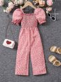 SHEIN Kids EVRYDAY Girls (Small) Love Printed Puff Sleeves And Chest-Covering Jumpsuit