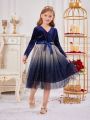 SHEIN Kids CHARMNG Tween Girl 1pc Ombre Mesh Overlay Belted Velvet Dress