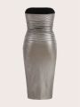 SHEIN Coolane Plus Size Women's Split Metal Feeling Strapless Maxi Dress