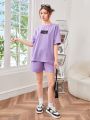 SHEIN Teenage Girls' Knit Letter Pattern T-Shirt And Shorts Set With Pockets, Casual