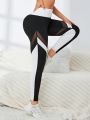 Colorblock Mesh Insert Wideband Waist Sports Leggings