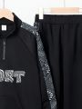 SHEIN Kids SPRTY Tween Boy Paisley & Letter Graphic Raglan Sleeve Half Zip Sweatshirt & Sweatpants