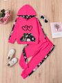 SHEIN Kids EVRYDAY Little Girls' Hooded Sweatshirt And Pants Set With Heart & Floral Print