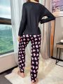 Women's Black And Pink Matching Heart Print Comfortable Pajama Set