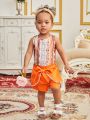 Infant Girls' Geometric Pattern Printed Vest And Belted Shorts Casual Outfits