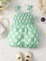 Baby Girls' Spring Summer Green Dandelion Print Casual Jumpsuit With Shoulder Straps